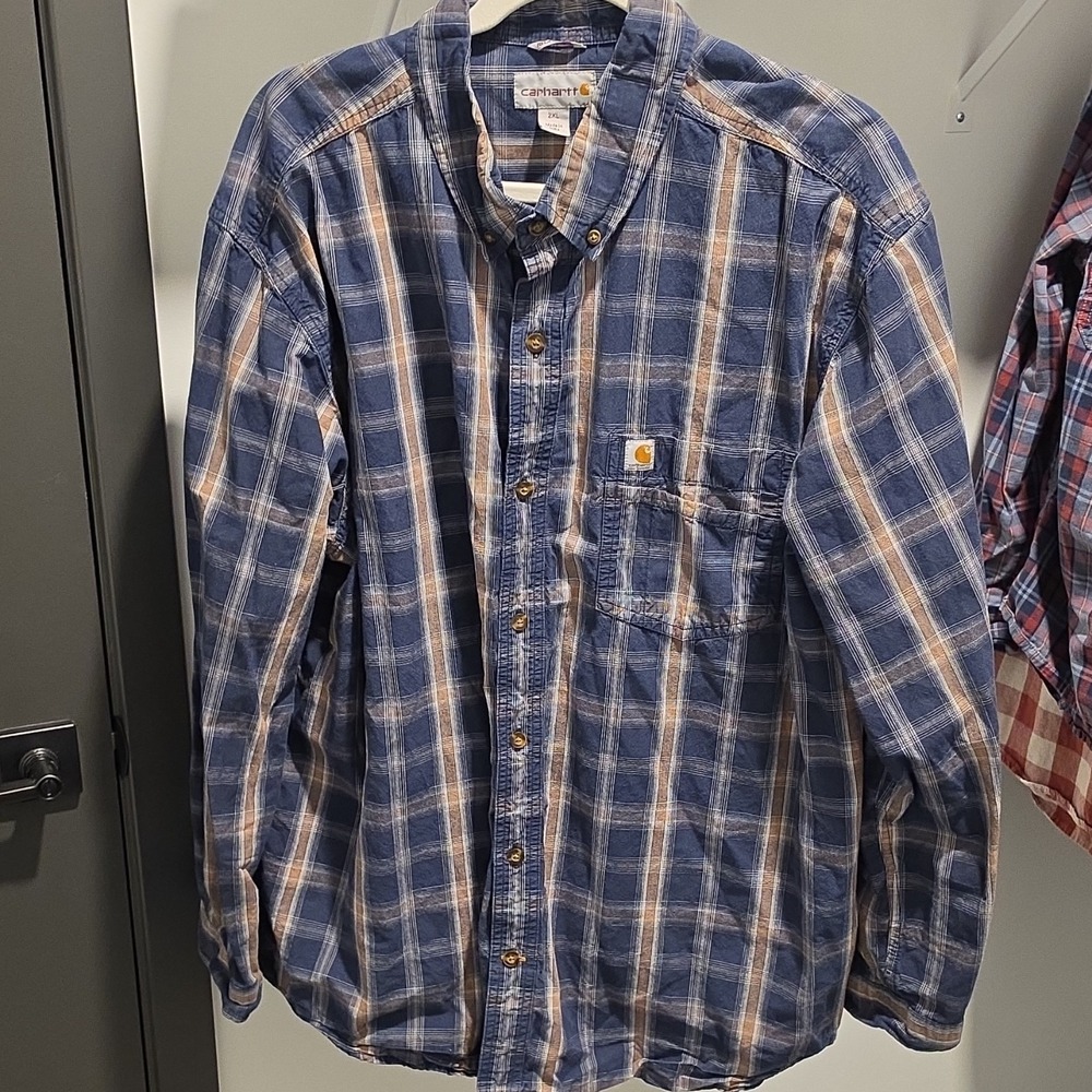 Carhartt Men's Blue Beige White Plaid Flannel Long Sleeve Button-Up Shirt 2XL